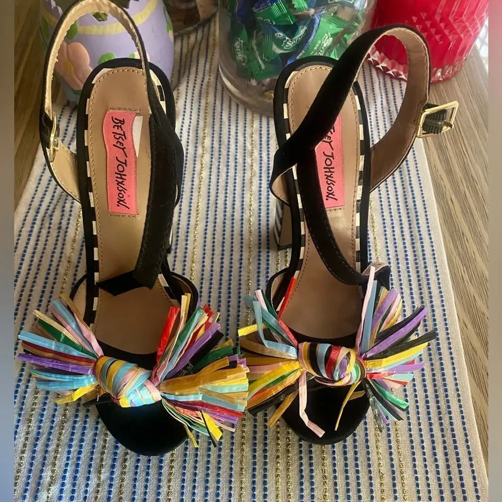 BETSEY JOHNSON 1970s Style Striped Pom Pom Platform Heels size 5.5